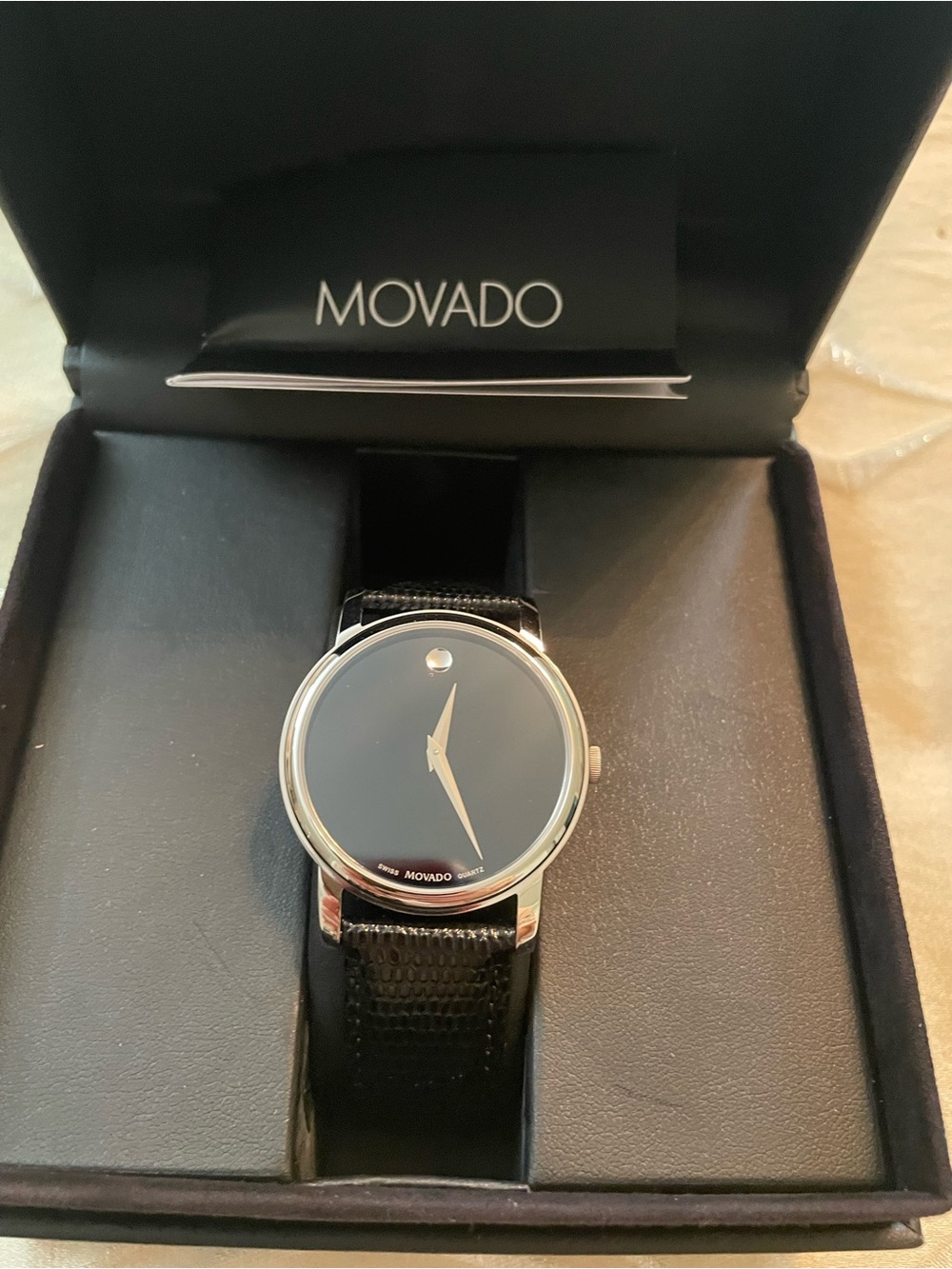 Movado Black Dial Silver Case Black Leather Strap Watch